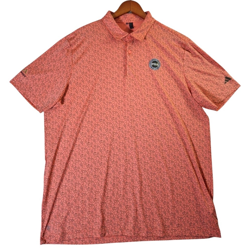 Adidas Floral Polo Shirt Men's XL Orange Geometric Golf PGA Philadelphia Stretch